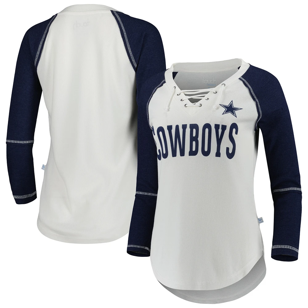 T-shirt à col en V lacets et manches 3/4 Touch White/Navy Dallas Cowboys Rebel Raglan Tri-Blend pour femmes