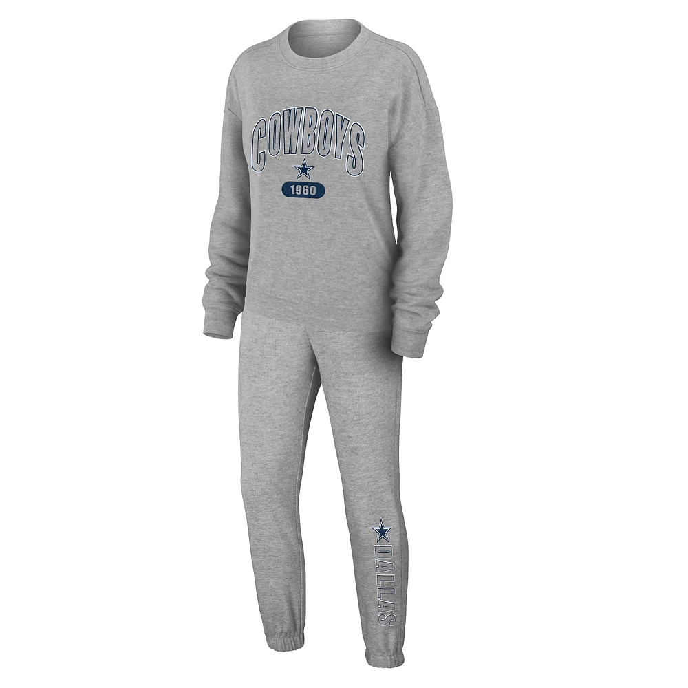 Women's WEAR by Erin Andrews Heather Gray Dallas Cowboys Plus Knitted Tri-Blend Long Sleeve T-Shirt & Pants Lounge Set