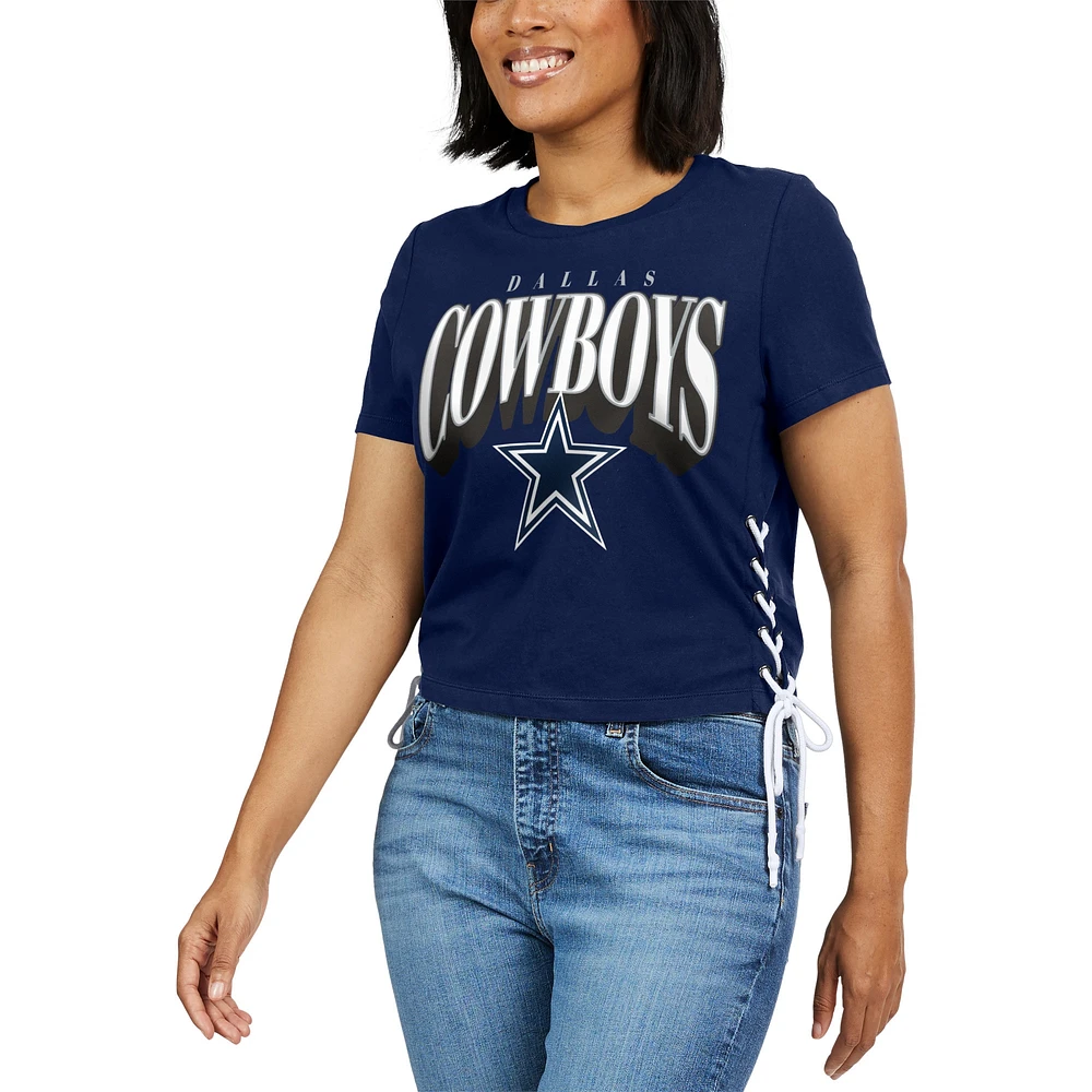 Women's WEAR by Erin Andrews Navy Dallas Cowboys Lace Up Side Modest Cropped T-Shirt