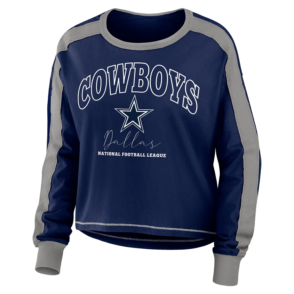 WEAR by Erin Andrews T-shirt à manches longues raglan blocs de couleurs grande taille pour femmes, bleu marine, Dallas Cowboys