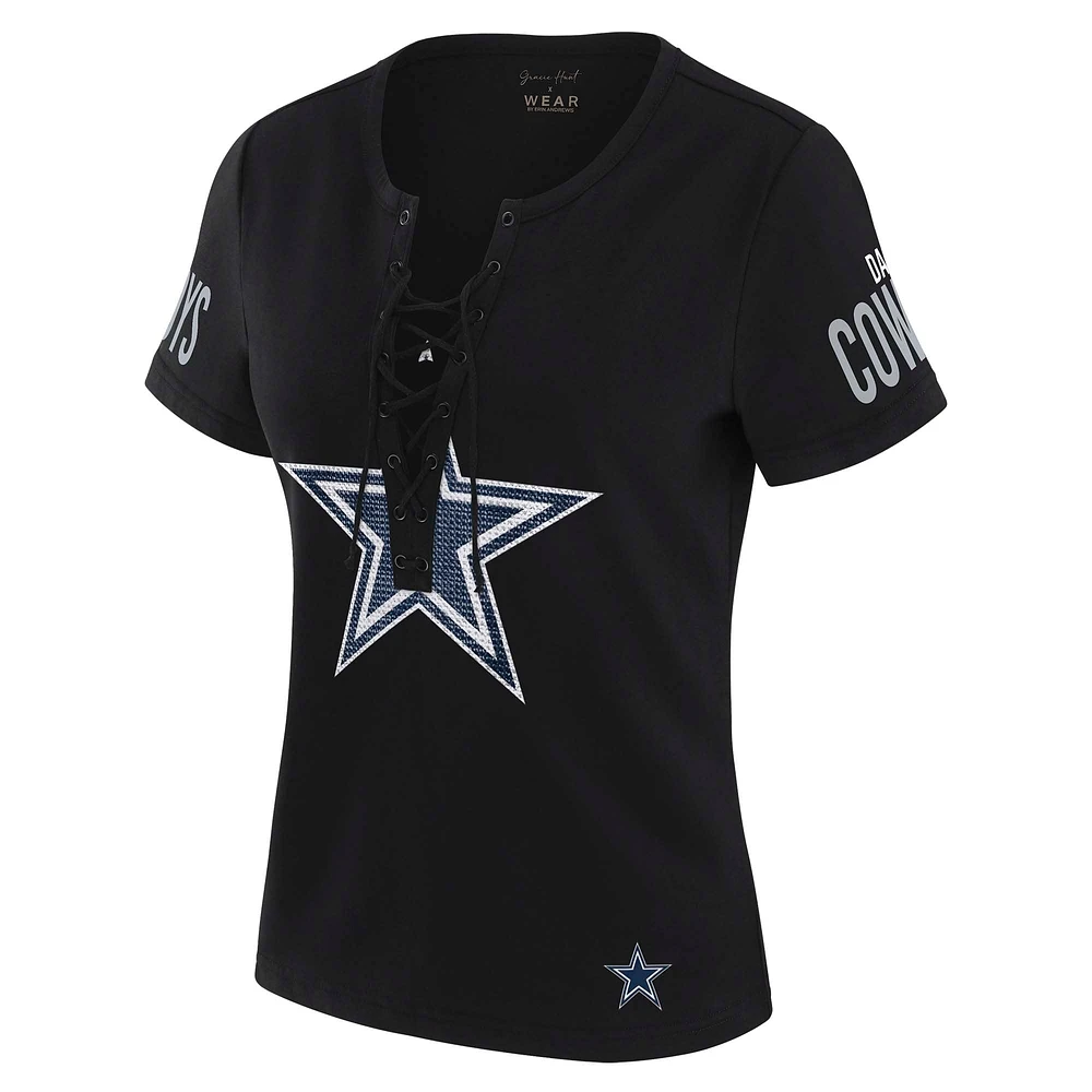 Women's WEAR by Erin Andrews x Gracie Hunt Black Dallas Cowboys Draft Me Lace-Up T-Shirt