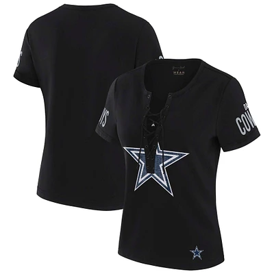 Women's WEAR by Erin Andrews x Gracie Hunt Black Dallas Cowboys Draft Me Lace-Up T-Shirt