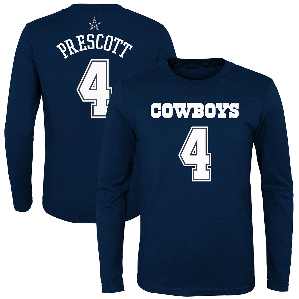 T-shirt à manches longues pour jeunes Dak Prescott Navy Dallas Cowboys Mainliner Nom et numéro du joueur