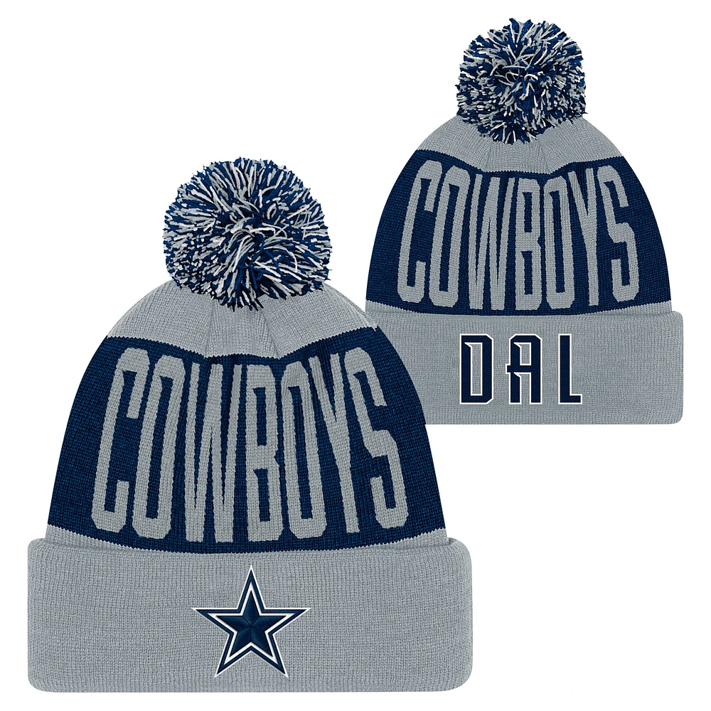 Bonnet en tricot à revers biseauté bleu marine/gris pour jeunes des Cowboys de Dallas avec pompon