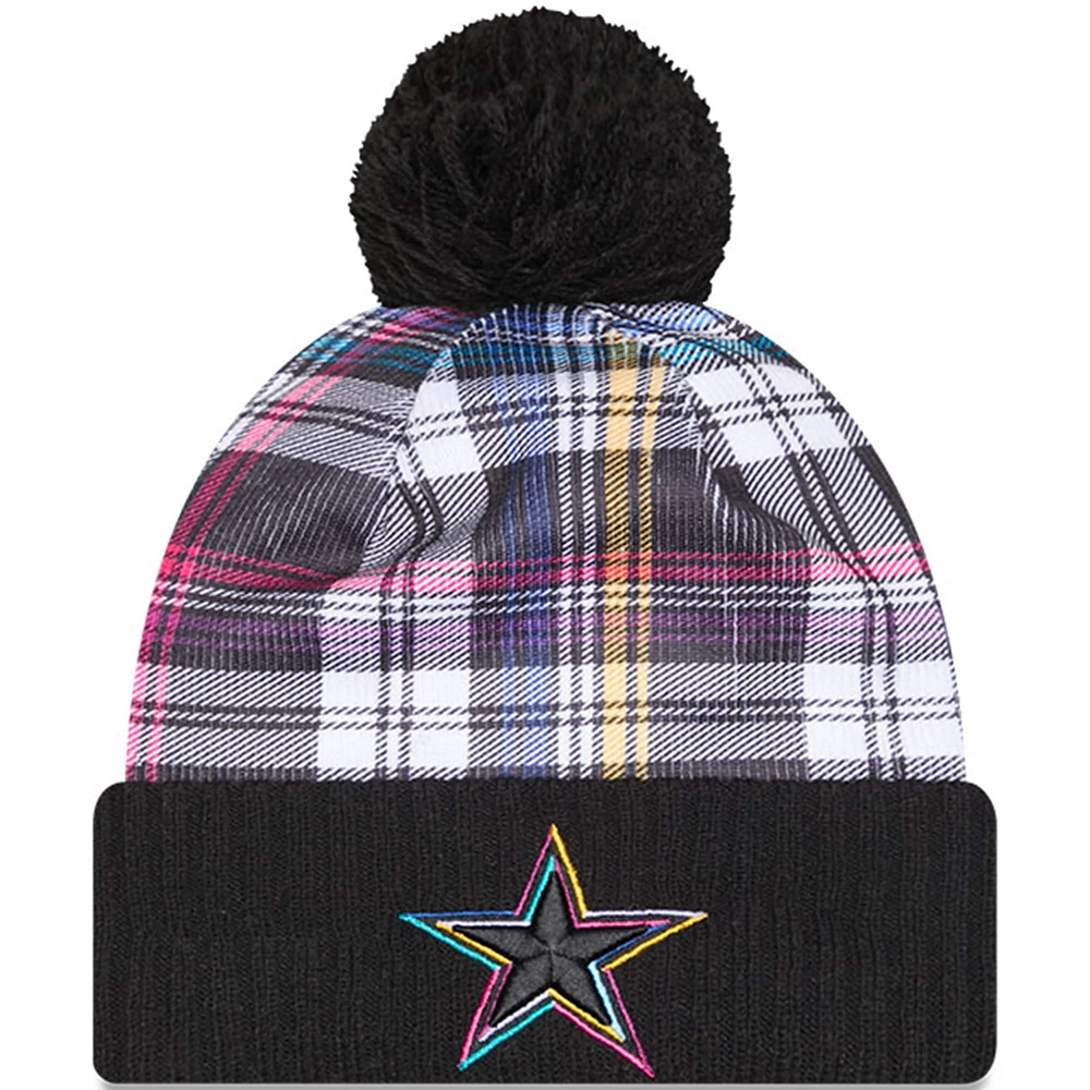 Youth New Era Black Dallas Cowboys 2024 NFL Crucial Catch Plaid Cuffed Pom Knit Hat