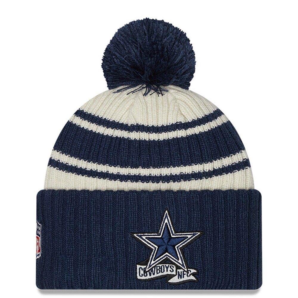 Youth New Era Cream/Navy Dallas Cowboys 2022 Sideline - Sport Cuffed Pom Knit Hat