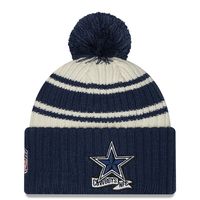 Youth New Era Cream/Navy Dallas Cowboys 2022 Sideline - Sport Cuffed Pom Knit Hat