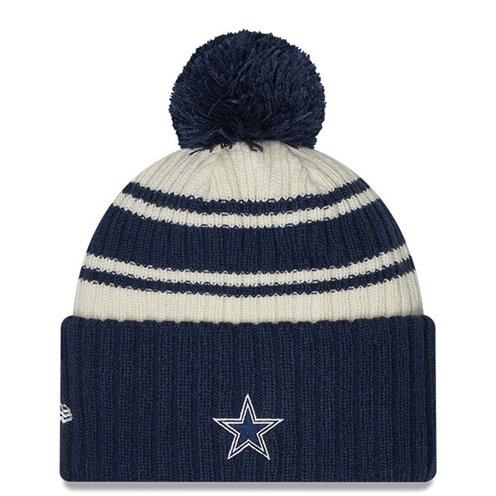Youth New Era Cream/Navy Dallas Cowboys 2022 Sideline - Sport Cuffed Pom Knit Hat