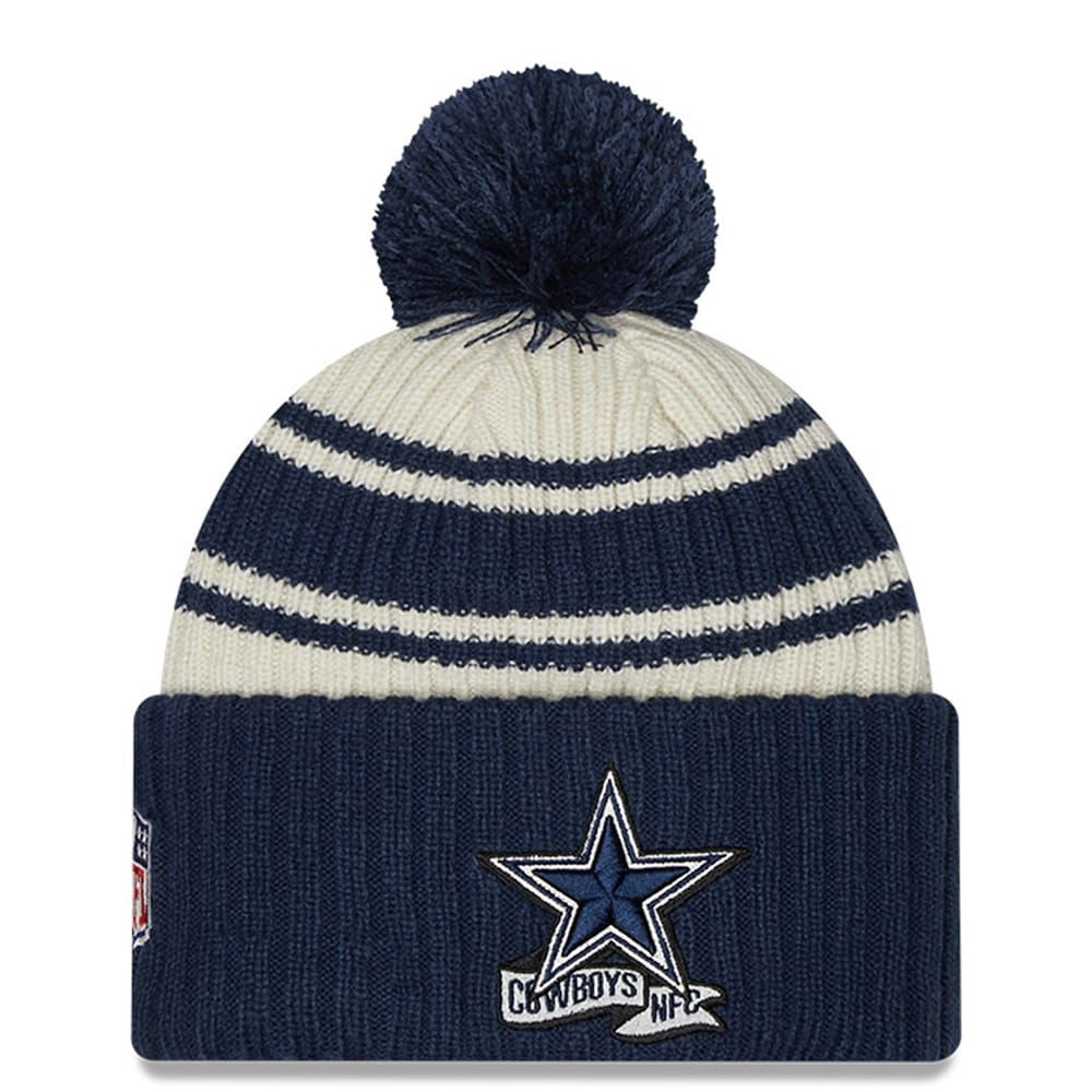 Youth New Era Cream/Navy Dallas Cowboys 2022 Sideline - Sport Cuffed Pom Knit Hat