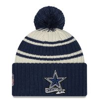 Youth New Era Cream/Navy Dallas Cowboys 2022 Sideline - Sport Cuffed Pom Knit Hat