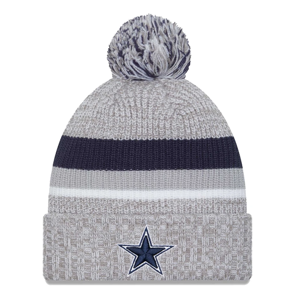 Bonnet en tricot à revers Dallas Cowboys New Era gris chiné pour jeune avec pompon