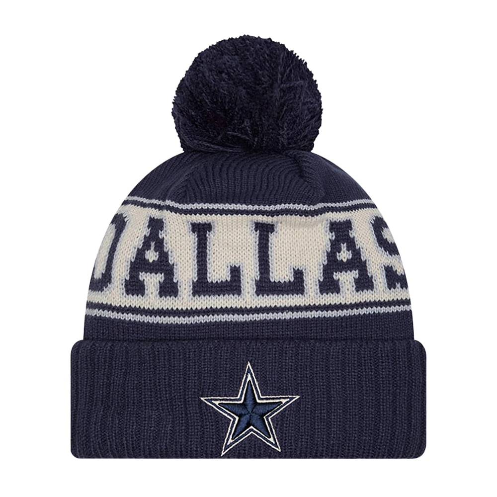 Bonnet en tricot à revers rétro Dallas Cowboys New Era bleu marine pour jeune avec pompon