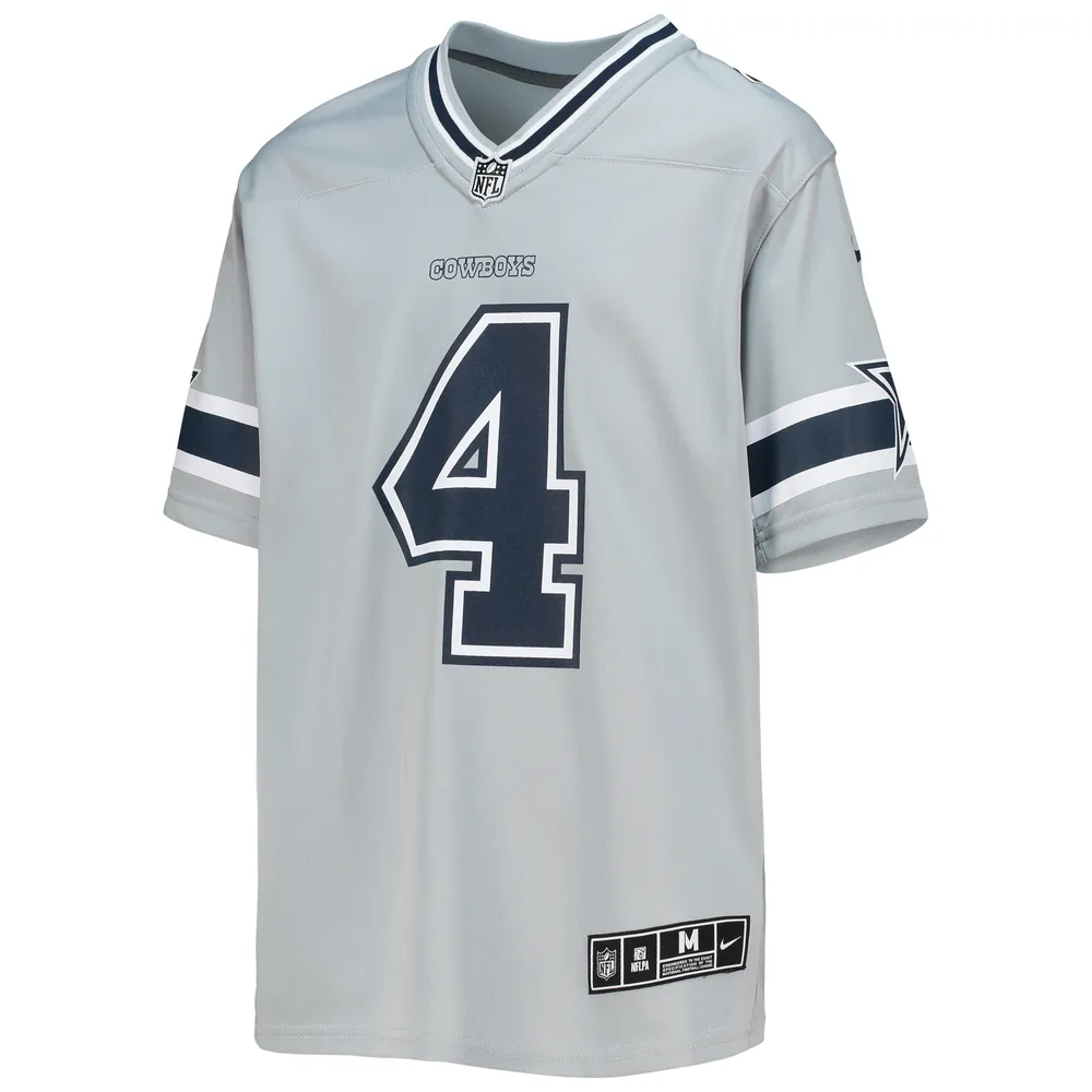 Maillot de jeu d'équipe inversé Nike Dak Prescott argenté pour jeunes des Cowboys Dallas