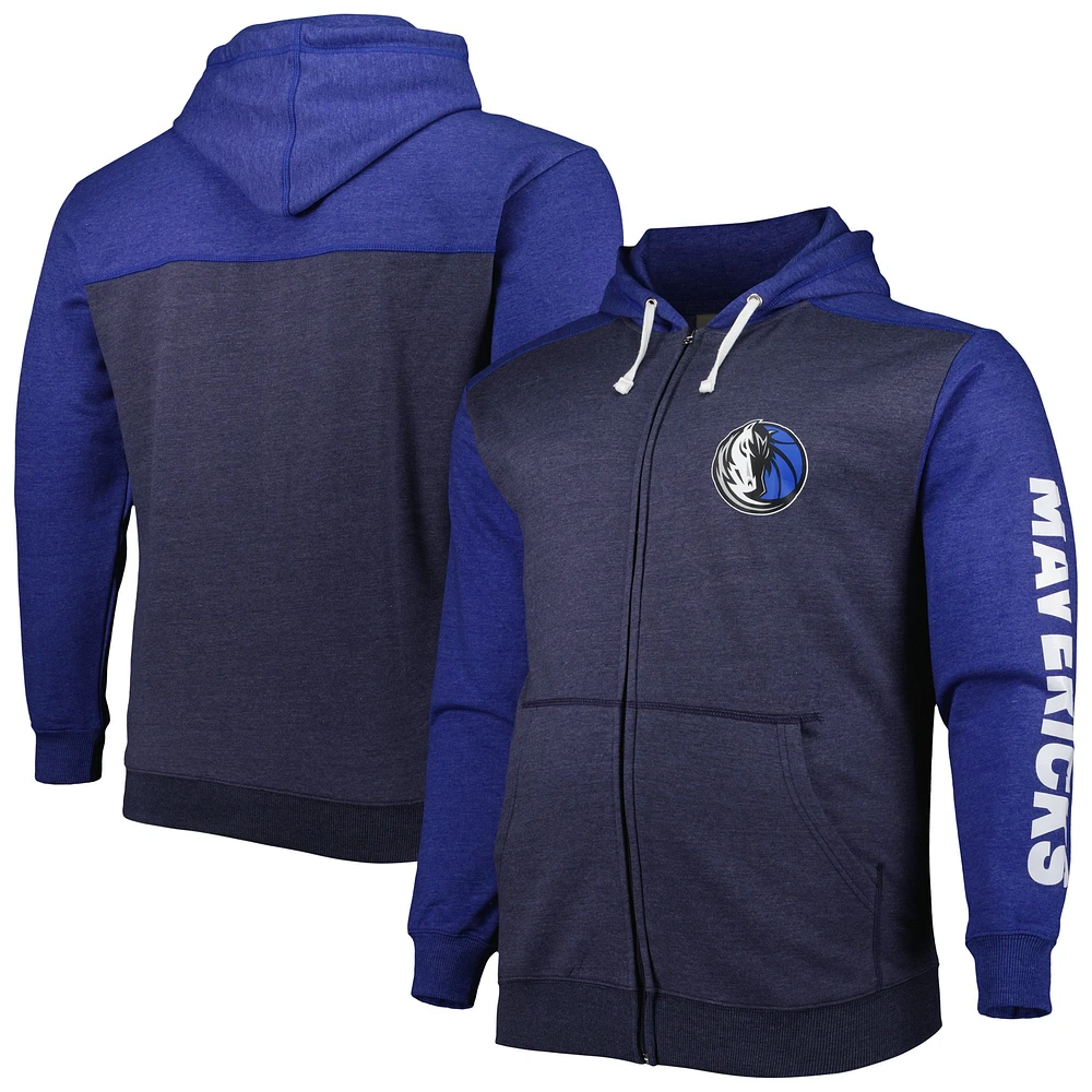 Sweat à capuche entièrement zippé Fanatics Navy/Royal Dallas Mavericks pour hommes Big & Tall Down and Distance