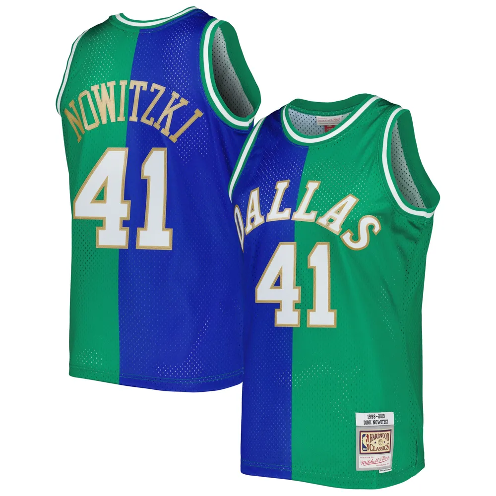 Men's Mitchell & Ness Dirk Nowitzki Blue/Green Dallas Mavericks Hardwood  Classics 1998-2019 Split Swingman Jersey