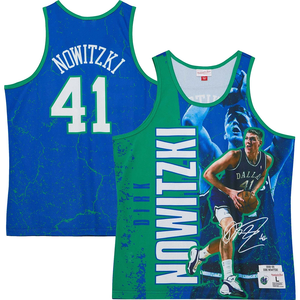 Débardeur pour homme Mitchell & Ness Dirk Nowitzki bleu Dallas Mavericks Hardwood Classics Player Burst