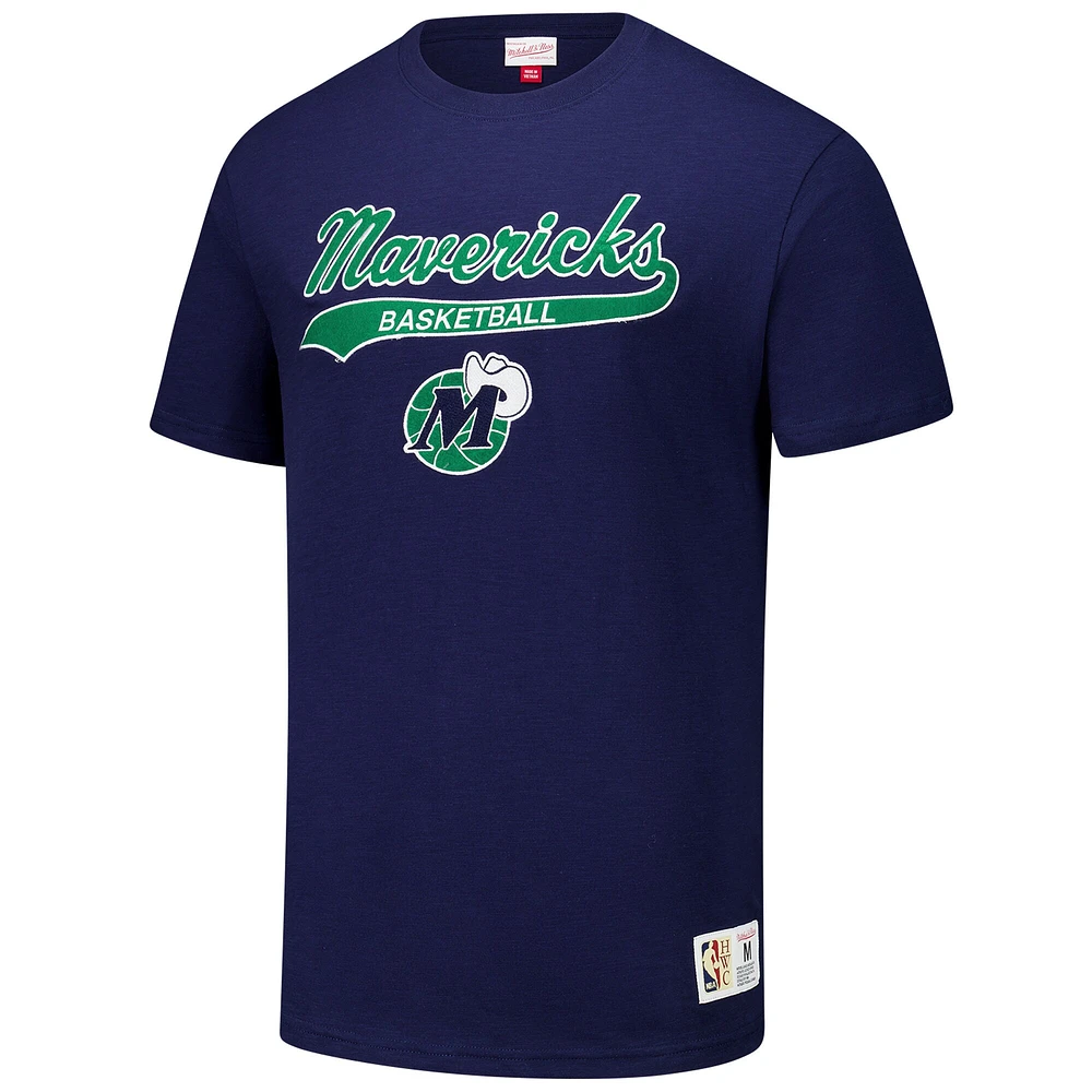 Men's Mitchell & Ness Navy Dallas Mavericks Hardwood Classics Felt Applique Slub T-Shirt