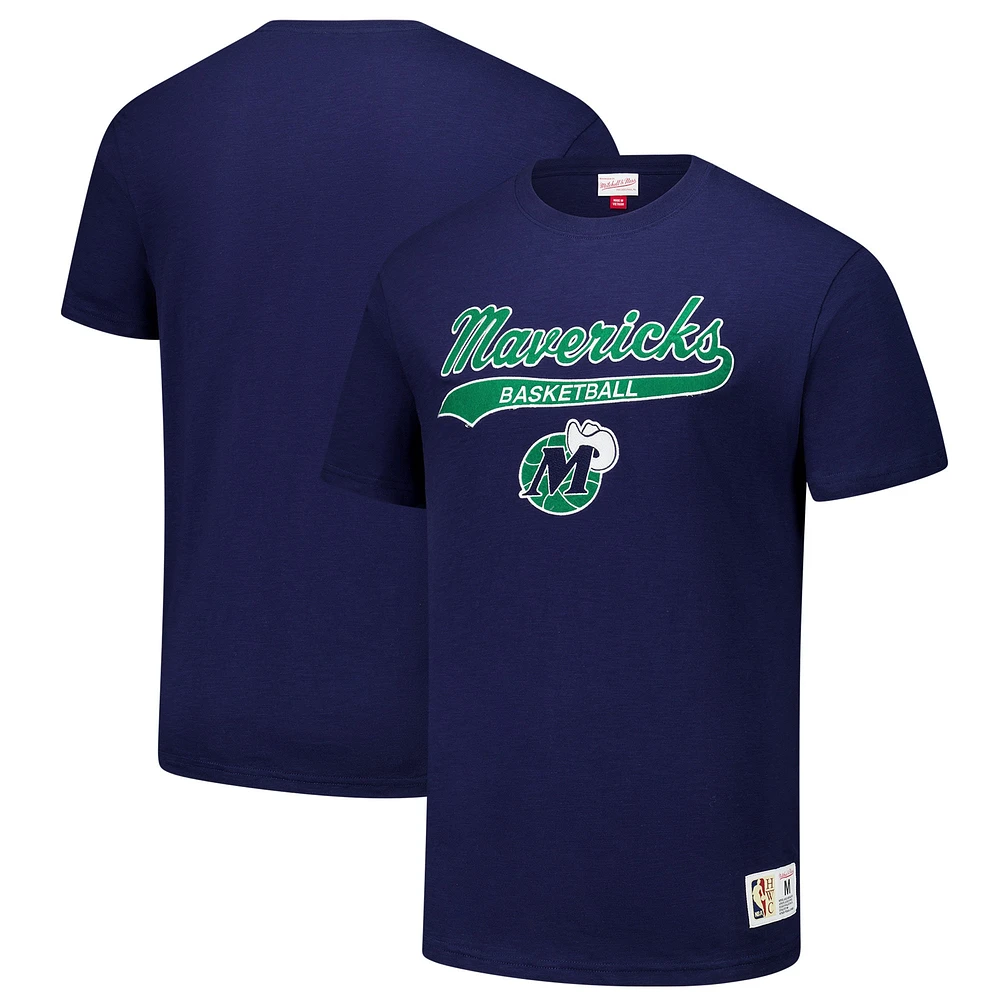 Men's Mitchell & Ness Navy Dallas Mavericks Hardwood Classics Felt Applique Slub T-Shirt