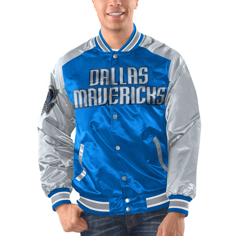 Veste universitaire à bouton-pression en satin pour hommes Starter Blue/Silver Dallas Mavericks Renegade