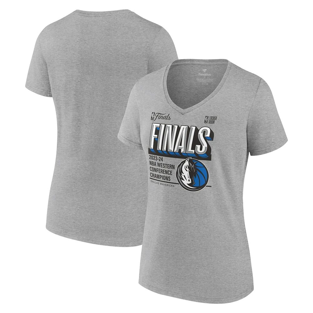 Fanatics Steel Dallas Mavericks 2024 Champions de la Conférence Ouest Vestiaire Post Up Move T-shirt à col en V pour femmes