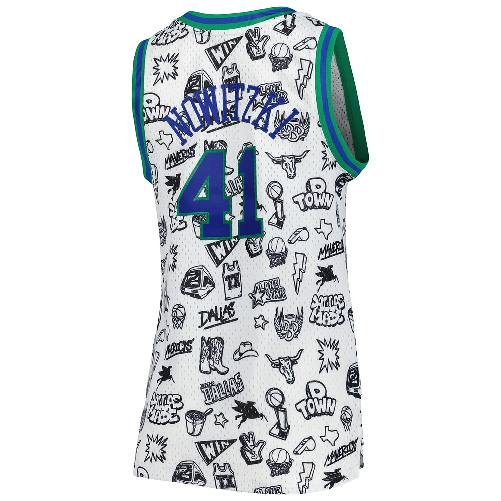Women's Mitchell & Ness Dirk Nowitzki White Dallas Mavericks 1998 Doodle Swingman Jersey