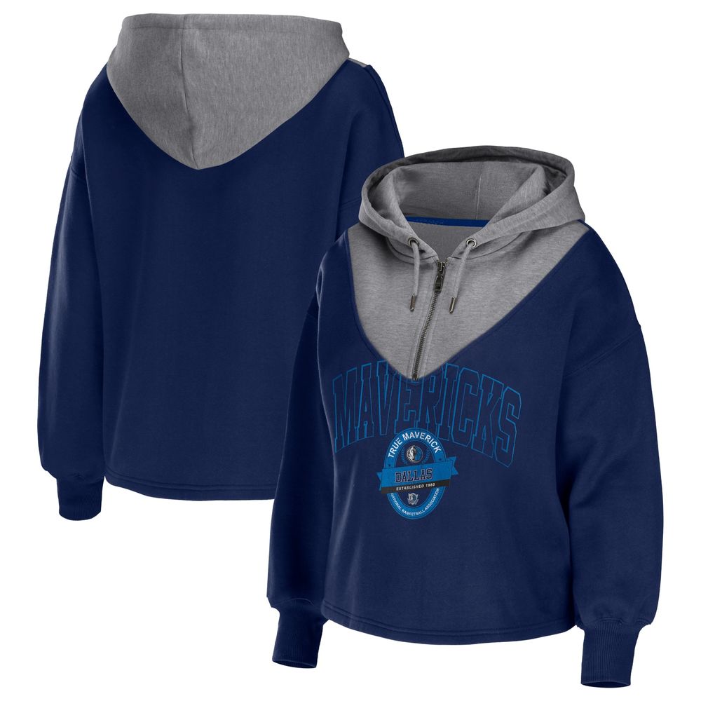 Women's WEAR by Erin Andrews Navy Dallas Mavericks Pieced Quarter-Zip Hoodie Jacket