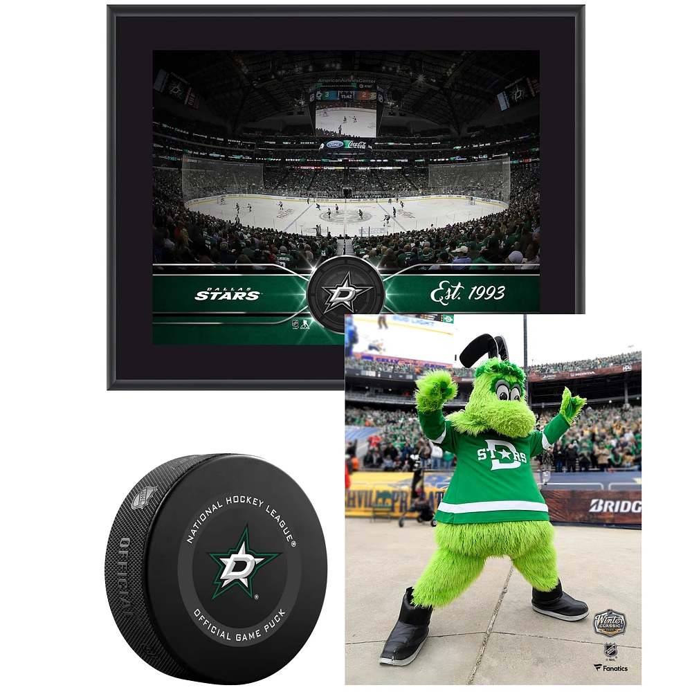 Coffret pour jeunes collectionneurs des Dallas Stars - Comprend une plaque Team Stadium 10,5" x 13", une rondelle de jeu officielle et une photographie de mascotte non signée 8" x 10"