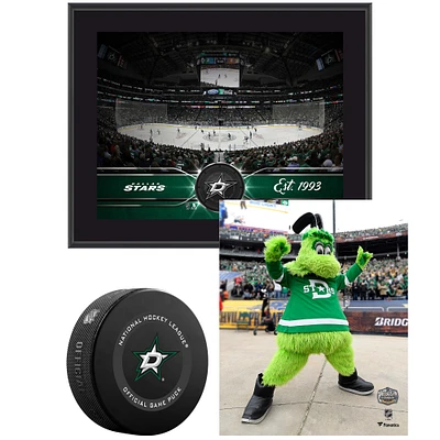 Coffret pour jeunes collectionneurs des Dallas Stars - Comprend une plaque Team Stadium 10,5" x 13", une rondelle de jeu officielle et une photographie de mascotte non signée 8" x 10"