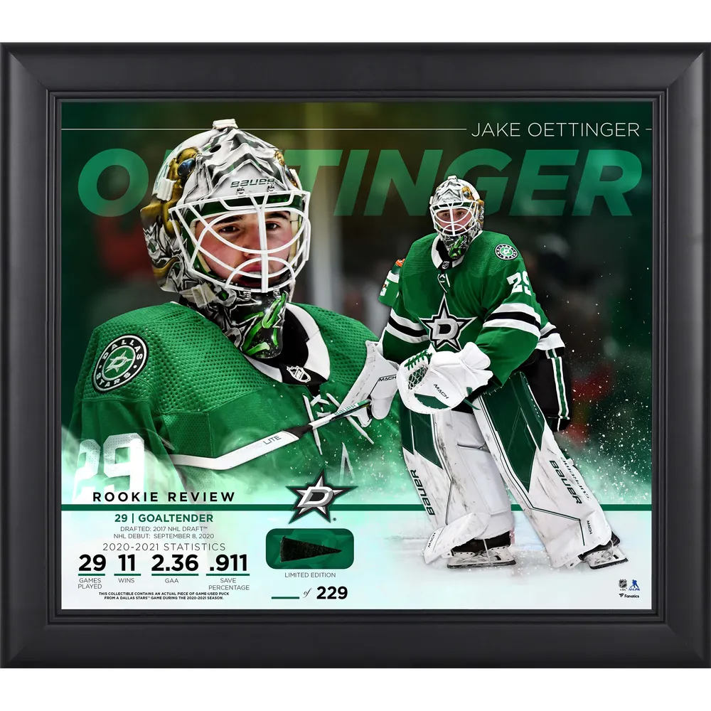 Jake Oettinger Dallas Stars Framed 15 x 17 Rookie Review Collage with Piece of Game-Used Puck - Limited Edition 229