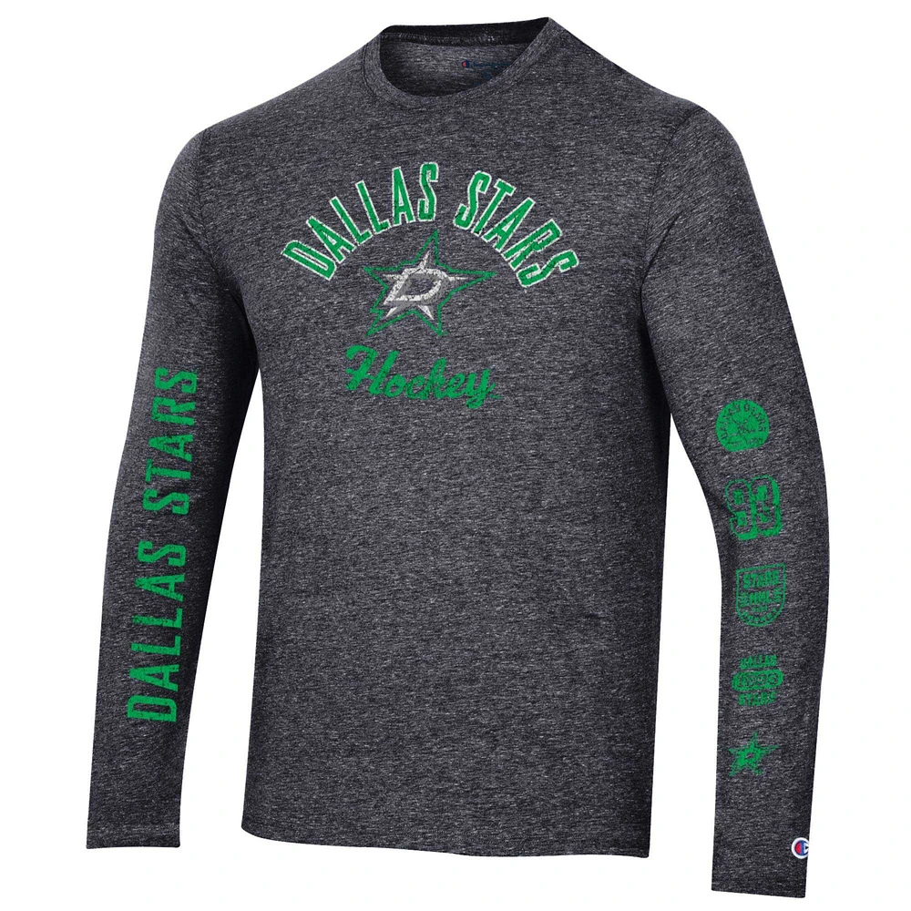 Men's Champion Heather Black Dallas Stars Multi-Logo Tri-Blend Long Sleeve T-Shirt