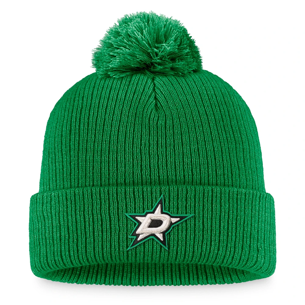 Bonnet en tricot à revers avec logo principal Fanatics Kelly Green Dallas Stars Core pour hommes avec pompon