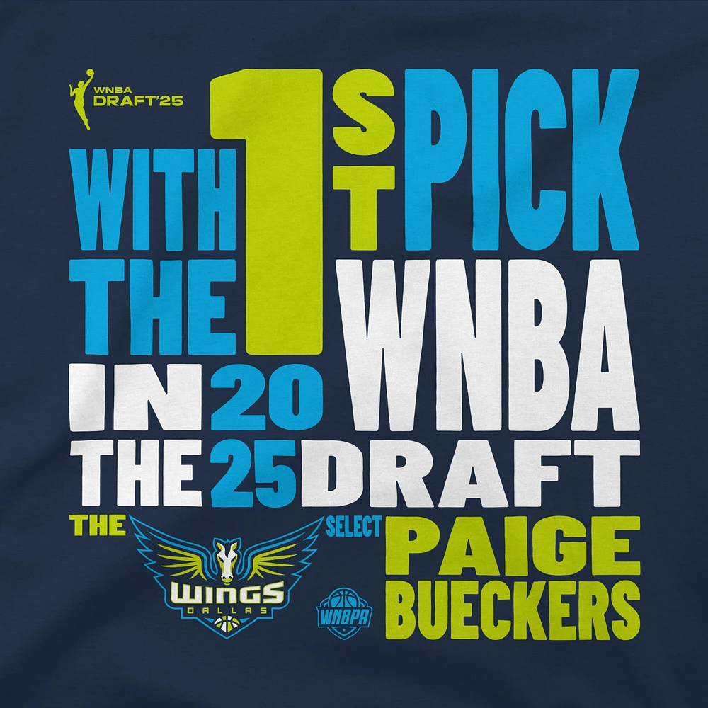 Unisex Stadium Essentials Paige Bueckers Navy Dallas Wings 2025 WNBA Draft 1st Overall Pick Verbiage T-Shirt