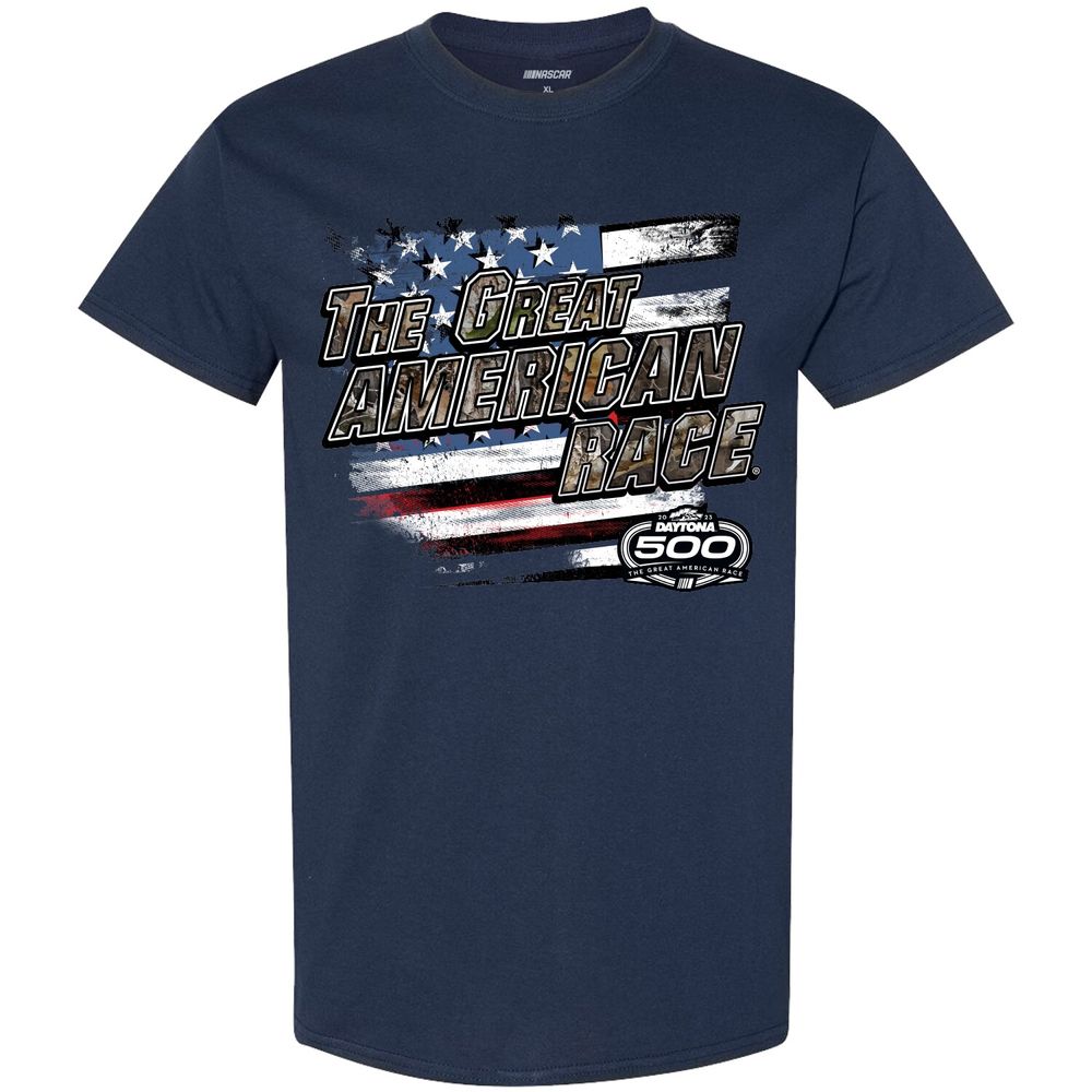 Men's Checkered Flag Navy 2023 Daytona 500 TrueTimber Camo T-Shirt