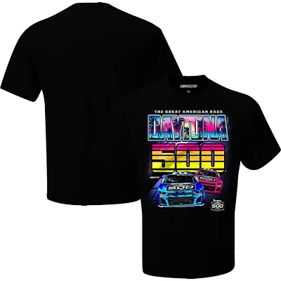 T-shirt rétro Daytona International Speedway 2025 500 pour homme avec drapeau à damier et logo noir