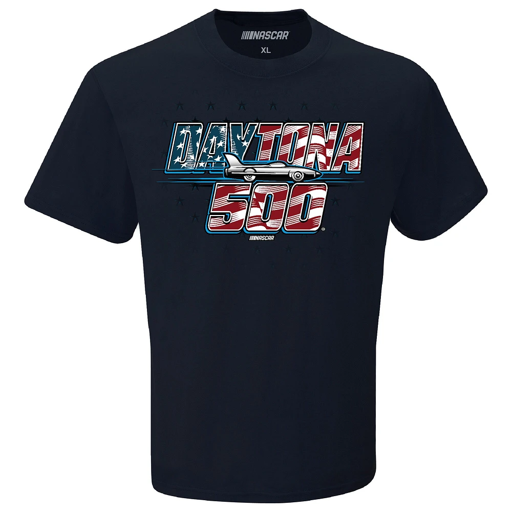 T-shirt à damier pour homme avec drapeau américain Daytona International Speedway 2025 500 bleu marine
