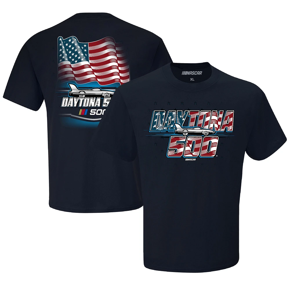 T-shirt à damier pour homme avec drapeau américain Daytona International Speedway 2025 500 bleu marine