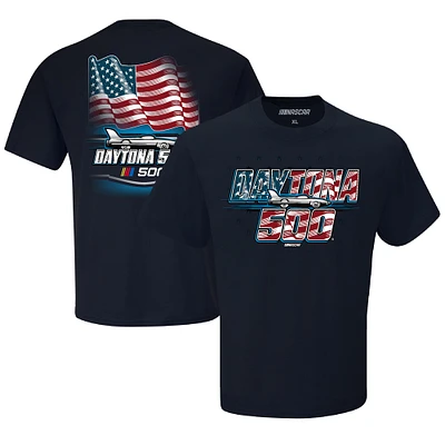 T-shirt à damier pour homme avec drapeau américain Daytona International Speedway 2025 500 bleu marine