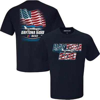 T-shirt à damier pour homme avec drapeau américain Daytona International Speedway 2025 500 bleu marine