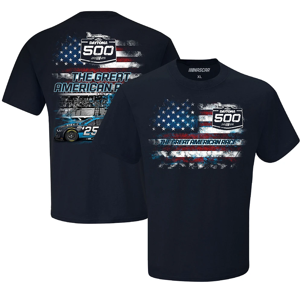 T-shirt patriotique Daytona 500 International Speedway 2025 pour homme avec drapeau à damier et logo bleu marine