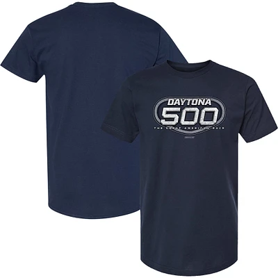 T-shirt vintage Daytona 500 International Speedway 2025 pour homme avec drapeau à damier et logo bleu marine