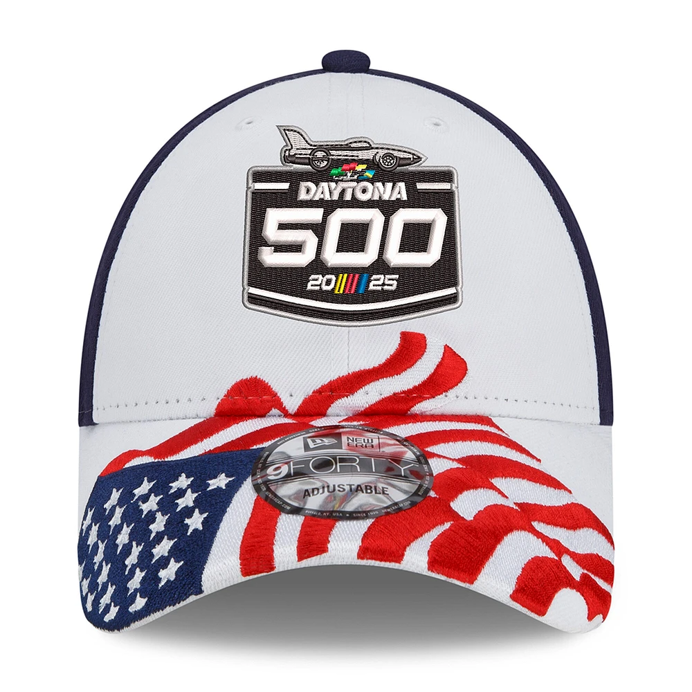 Casquette ajustable 2025 Daytona 500 9FORTY New Era blanche pour hommes