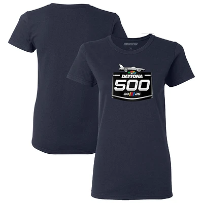 T-shirt à damier pour femme avec logo Daytona International Speedway 2025 500 bleu marine