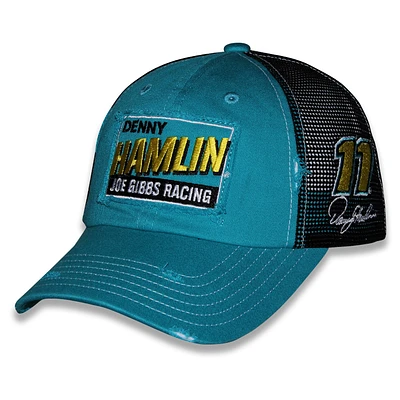 Unisex Checkered Flag Sports Teal Denny Hamlin  Vintage Patch Trucker Adjustable Hat