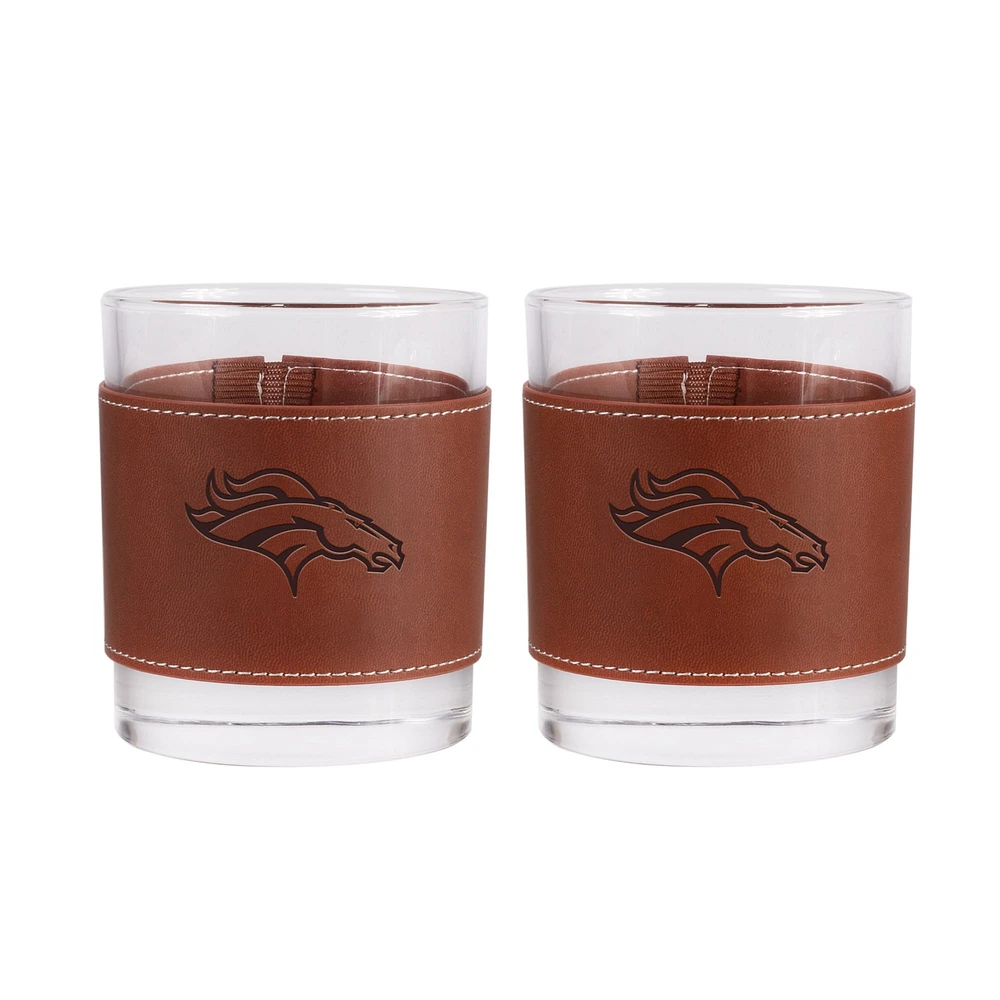 Denver Broncos 2-Pack 12oz Rocks Glass with Leather Wrap