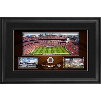 Collage panoramique de stade encadré des Broncos de Denver 10" x 18" avec ballon de football utilisé par le jeu - Édition limitée à 500 exemplaires