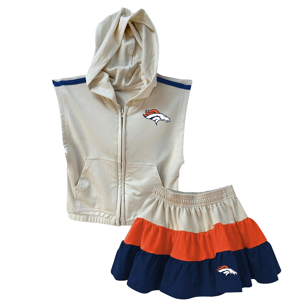 Ensemble sweat à capuche zippé sans manches et jupe trois niveaux pour filles Wes & Willy Orange/bleu marine Denver Broncos