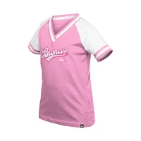 Girl's Youth New Era  Pink Denver Broncos Mommy & Me Multiplier Raglan V-Neck T-Shirt