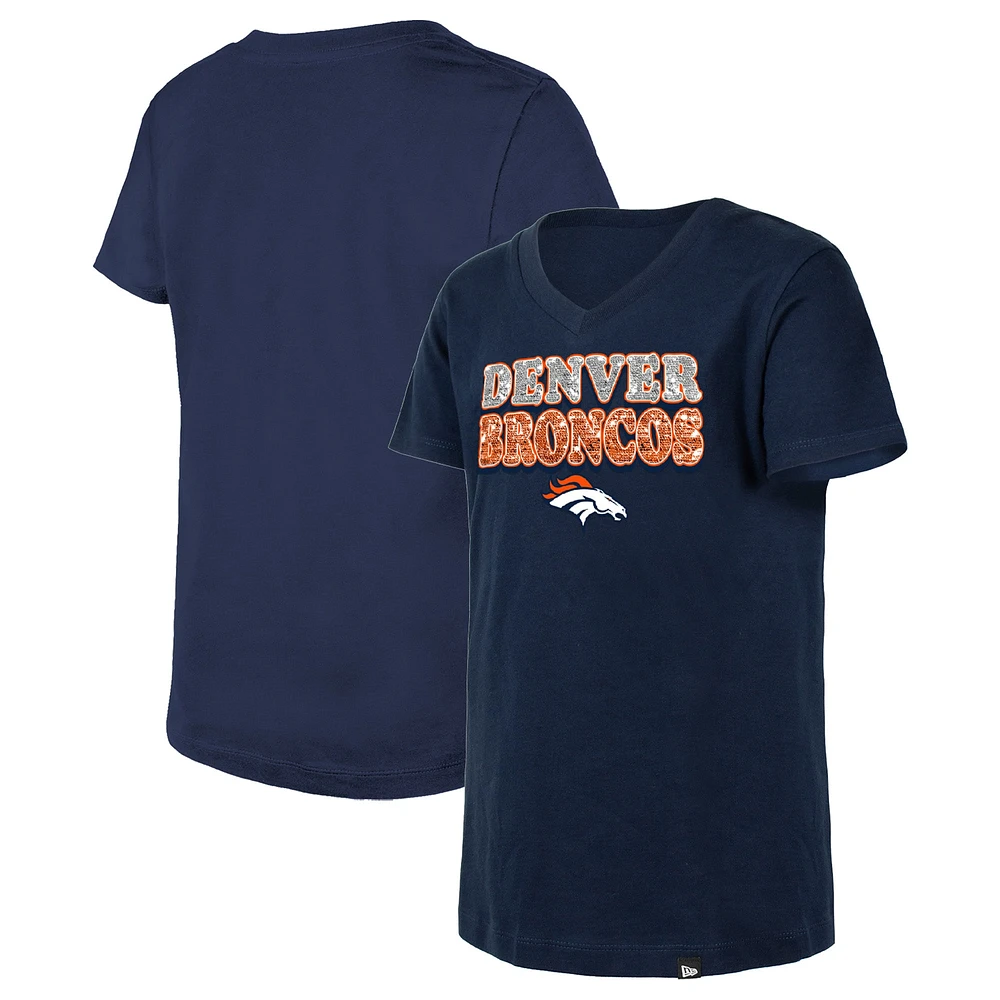 T-shirt à col en V sequins inversés orange Denver Broncos New Era pour jeune fille