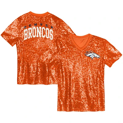 Haut à col en V sequins avec inscription Denver Broncos orange pour jeunes filles