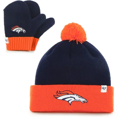 Denver Broncos '47 Infant Bam Bam Cuffed Knit Hat With Pom and Mittens Set - Navy/Orange